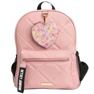 New! Betsey Johnson Quilted Faux Leather Pink Heart Coin Pouch Book Bag Backpack